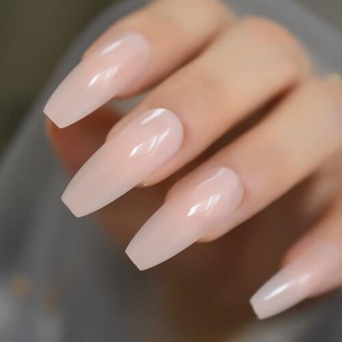 Glossy Nude Ballerina Press on False Nails Extra Long Natural Coffin UV Fake Fingers nails with Jelly Glue Sticker