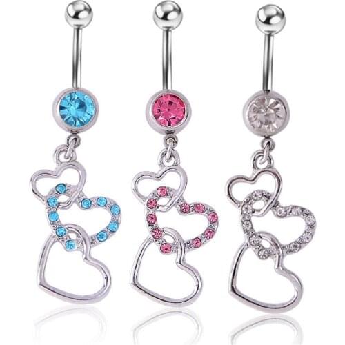 Hot New Arrival Surgical Steel Dangle Navel Rings Pink Crystal Navel Bars Heart Belly Button Ring Fashion Piercing Body Jewelry