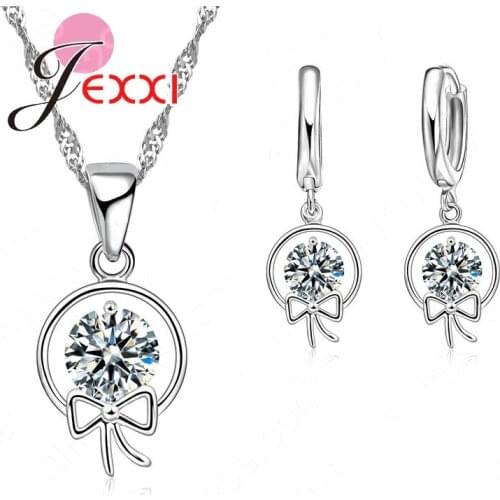 Discount Delicate Bow-Knot 925 Sterling Silver Cubic Zirconia Necklace Drop Earring Jewelry Sets For Women Girl