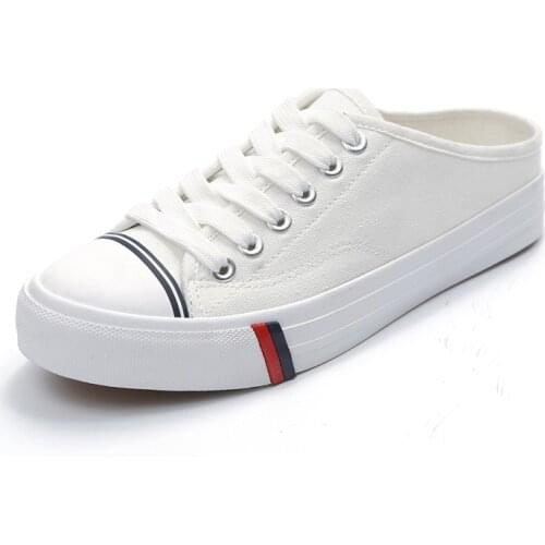 2021Womens Vulcanize Shoes Casual Low CutHalf Drag White Shoes Ladies Lace Up Breathable Student Walking Canvas Zapato Mujer