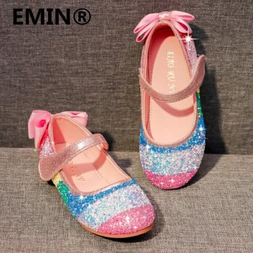 Girls soft sole leather shoes rainbow sequins 2021 spring and autumn new dress princess shoes