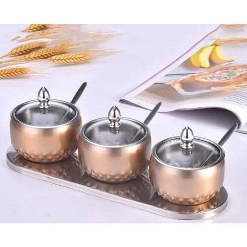 Creative Stainless Steel Seasoning Jar European Seasoning Box with Spoon Glass Lid Seasoning Bottle Combo Set Kitchen Supplies