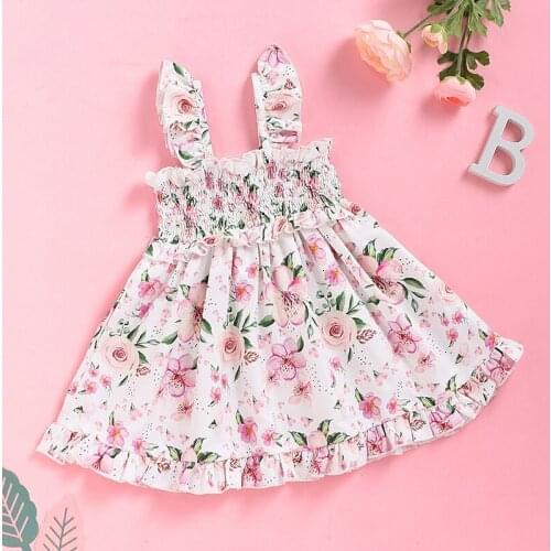 Summer Girls Dress 2-3 Years Ball Gown weet Flower Sling Knee-Length Cotton Cute Ruched Clothes Floral Dress