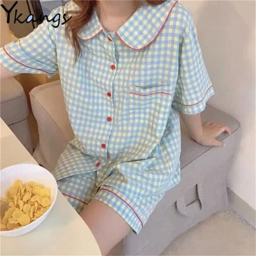 Sweet Plaid Home Suit Summer Kawaii Pajamas Set Women Short Sleeve Turn Down Collar Cotton Sleepwear Loose Shorts Pijamas Casual