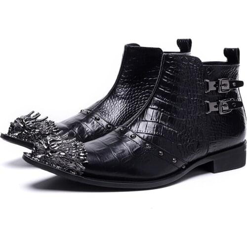Dragon Head Russian Leather Boots Men Fashion Snakeskin Western Boots With Rivets Retro Buckle Strap Mens Ankle Boots High Heel