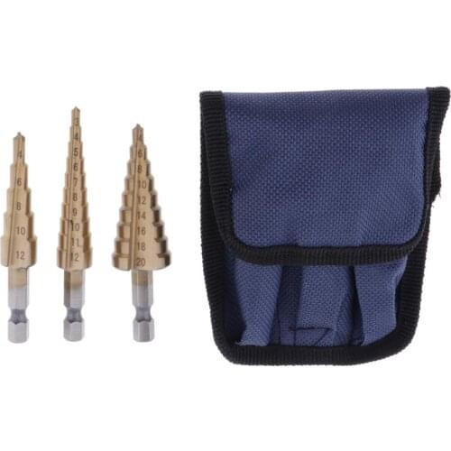 Set of 3 Titanium Step Drill Bit Set, High Steel, Total 3 Sizes, HSS Multiple Hole Drilling Cutting with Storage Bag