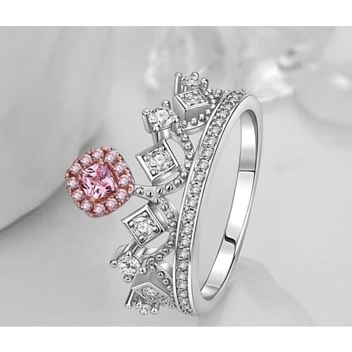Independent design new inlaid pink crystal crown ring exquisite gorgeous and elegant ladies engagement silver jewelry