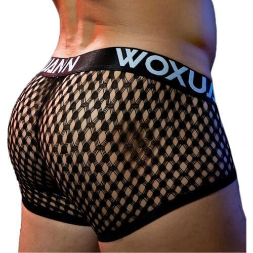 Mens Underwear Mini Boxer Panties Sexy Hollow Transparent Convex Cutting Pouch Underpants Grid Vetement Homme Mesh See Through