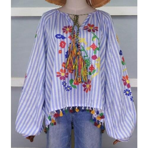 Vintage Embroidery Shirts Women Tunic Summer Clothing Loose Long Sleeve Lace-up Fringes White Cotton Ethnic Blouse Shirt Blusas