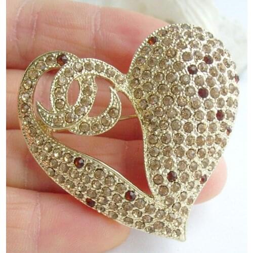 Sweet 1.97" Brown Rhinestone Crystal Love Heart Brooch Pin Pendant EE04831C2