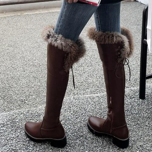 Warm Fur Plush Snow Boots Women Winter Womens Knee High Boots Low heel Casual Leather Water-proof Winter Warm Shoes Ladies