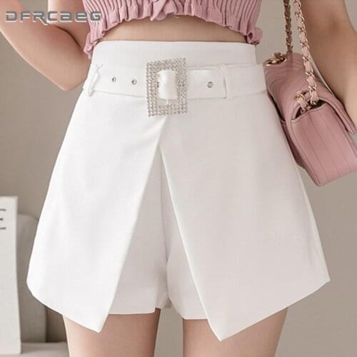 High Waist Irregular Women Summer Short Skirt With Belt Beading 2021 Casual Work Office Slim Skirts Shorts Female Red