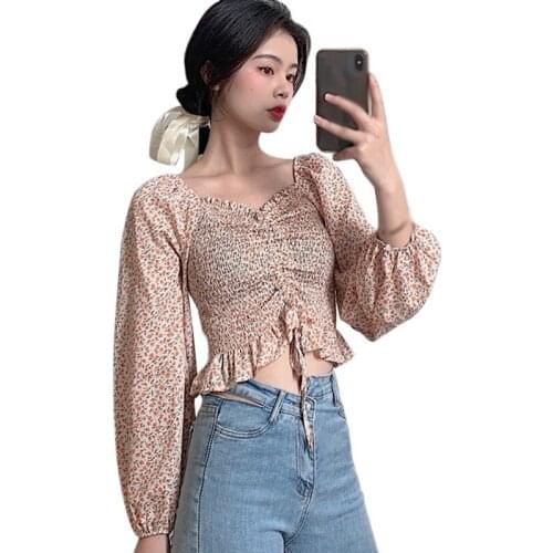 DAXIN Women Fashion Floral Print V Neck Blouse Summer Long Sleeve Sexy Sweet Pleated Short Chiffon Shirt