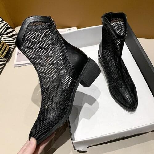 2021 New Summer Shoes Women Boots Breathable Ladies Mesh Shoes Summer Women Footwear Zipper Black White Ankle Botas