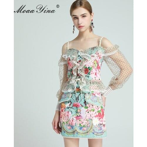 MoaaYina Fashion Designer Set Summer Womens Off shoulder Long sleeve lace-up Sexy Tops+Beaded Floral-Print Skirt Two-piece sets