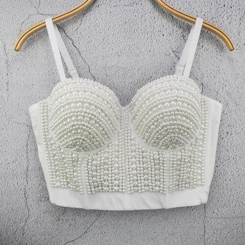 Sexy White Corset Pearl Top Rhinestone Bustier Y2k Crop Top Festival Clothing Fairy Grunge Women Summer 2021 Mesh Camisole