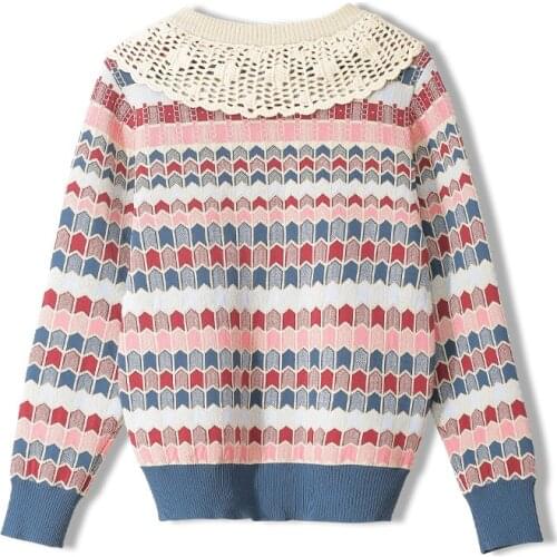 2020 Autumn Fashion Vintage Cardigan Sweater Women Single Breasted Femmes Hollow Out Coat Geometric Pattern Knit Ladies Jumpers