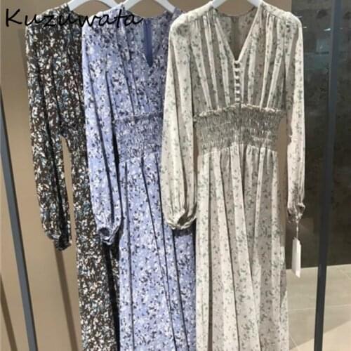 Kuzuwata Fresh Chic Button Slim Fit Women Dress V Neck Flower Print High Waist Dresses Japan Style New Fashion Vintage Vestidos