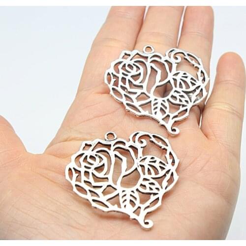 50pcs of 40mm Antique silver Alloy Heart Shape Hollow Pendant Charms Bracelets Charm Pendants DIY Jewelry Making Findings