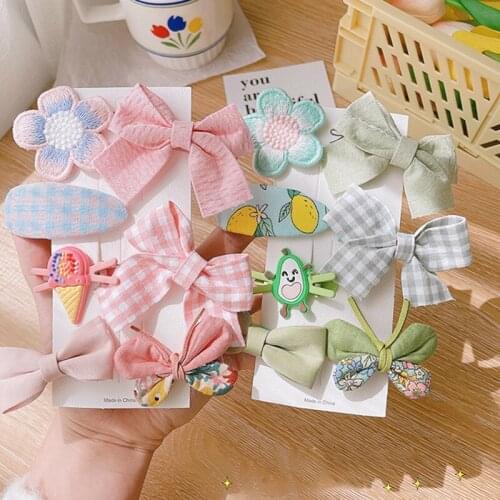 7 Pcs/set Cotton Linen Bow Print Hair Bows With Clip For Girls Plaid Hair Clips Barrettes Hairpins Headwear Hair Accessories