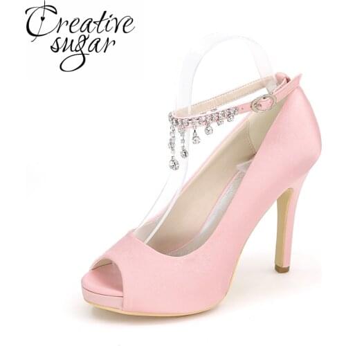 Creativesugar Lady rhinestone tassel ankle strap pink high heel shoes open toe platform bridal wedding prom quinceanera ball