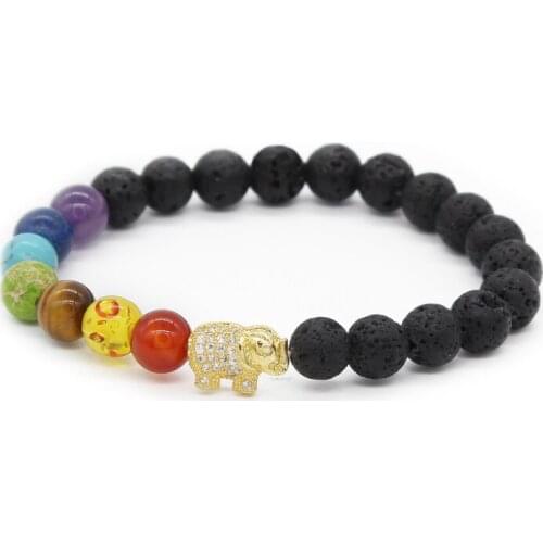 Cz Elephant Charm Bracelet 8mm Lava Stone Beads Chakra Bracelets & Bangles Yoga Jewelry MBR170326