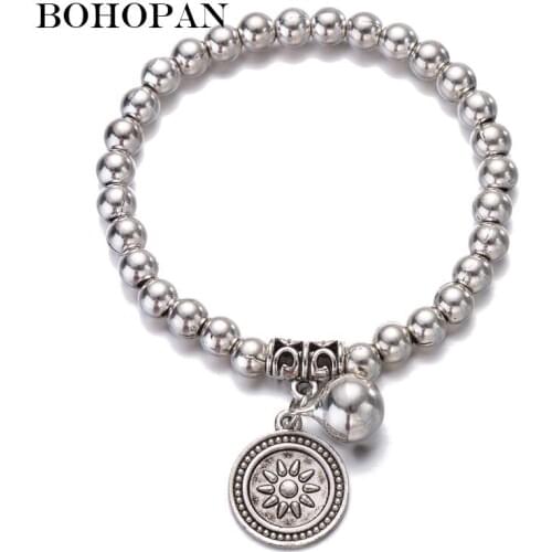 China Style Elastic Bracelets For Women Silver Alloy Beaded Bracelet Sun Tree Leaf Pendant Charm Jewelry Party Gift pulseiras