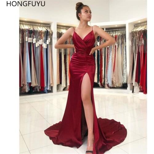 HONGFUYU Sexy High Slit Formal Evening Dresses Long 2021 Spaghetti Straps Prom Dress Burgundy Draped Party Gowns robe de soirée