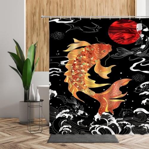 Chinese Style Colorful Koi Shower Curtain Waves Red Fish Bird Home Decoration Products Waterproof Bath Curtain Machine Washable