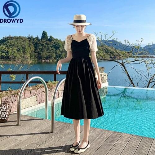 Summer Elegant Vintage Dress Women V-neck Short Sleeve Black Dress Casual Party Korean Office Lady Chic Lace Dresses Vestidos