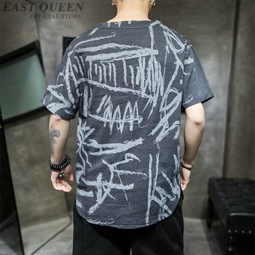 Chinese Top 2019 Summer T-Shirt V Neck Ink Short Sleeve Vintage T Shirt Cotton Linen Hemp Oriental Clothes Men KK2853