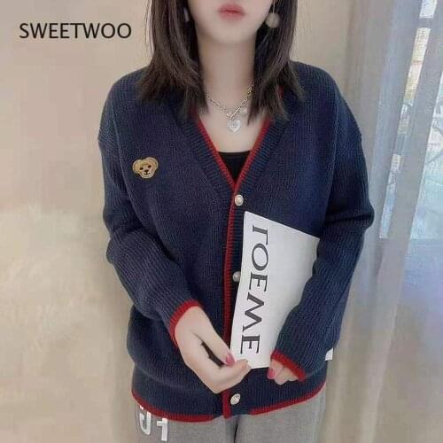 2021 Spring and Autumn New Embroidered Bear Cute Kawaii Knit Jacket Womens Lazy Wind Sweater Korean Loose Cardigan Top