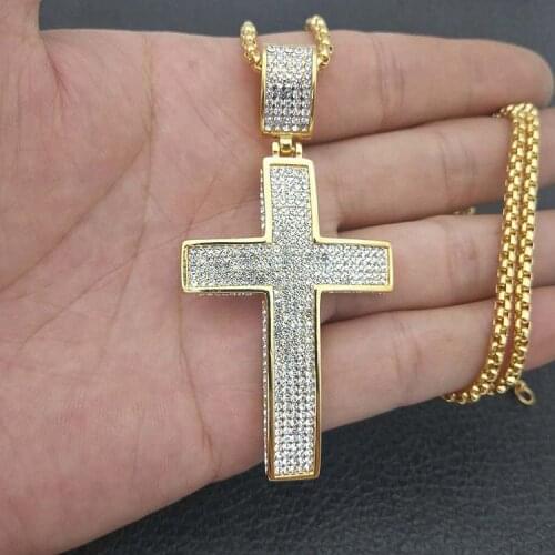 Stainless Steel Cross Pendants Necklaces Gold Color CZ Stone Paved Bling Iced Out Hip Hop Rapper Jewelry with 24" Gold Chain