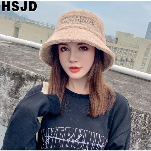 New Faux Cashmere Winter Bucket Hats for Women Autumn Wide Brim Panama Fisherman Hat Female Fashion Letter Embroidery Basin Cap