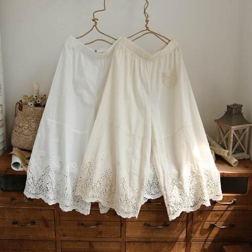 Casual Sweet Flowal Embroidery Lace Stitching Loose Wide Legged Pants Women Solid Color Female Calf-Length Pants K032