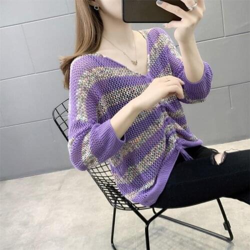 Early Spring New Pullover Womens Hollow VNeck Drawstring Striped Western-Style All-Match Sweater Patchwork Thin Loose Mesh Top