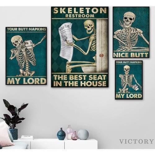 Skeleton Restroom Toilet Poster and Prints Funny Skull Nice Butt Vintage Wall Art Canvas Painting Skeleton Reading Newspaper
