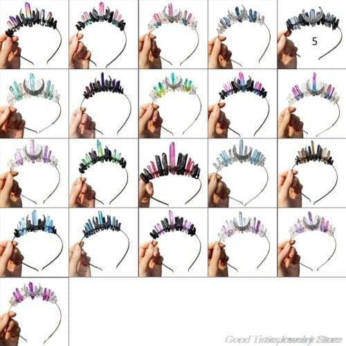 Wedding Bridal Jewelry Tiara Headband Multicolored Raw Quartz Crystal Hair Hoop Antique Moon Handmade Witch Crown A28 21