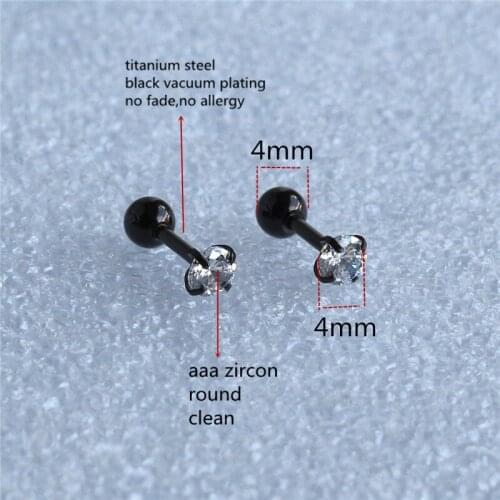 Titanium Screw Stud Earrings Stainless Steel Black Vacuum Plating With 4mm Round AAA Zircon No Fade Anti-allergy