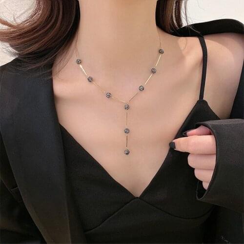 U-Magical Punk Black Color Double Layer Laser Crystal Ball Chokers Necklace Hollow Out Long Tassel Beaded Necklace Jewelry