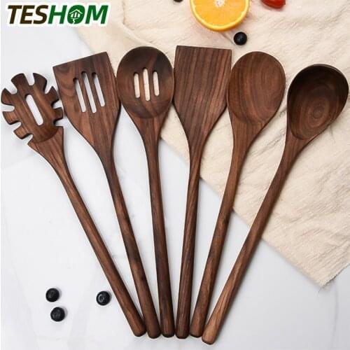 TESHOM High Quality Black Walnut Kitchen Utensils 6PCS Kitchen Cooking Wooden Shovel Wooden Spoon Colander Shovel Cooking Set
