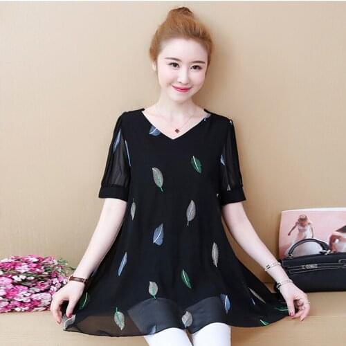 L-6XL Women Chiffon Shirt Summer 2021 Fashion Embroidery Leaf V-neck Short-sleeve Loose Pullovers Tops Blouse Female