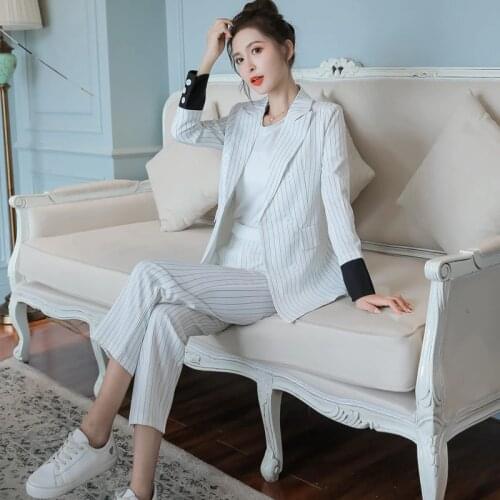 Ladies suit autumn and winter high-end new white striped suit suit suit jacket temperament trousers womens two-piece suit