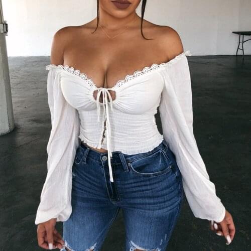 Sexy Off Shoulder Bow Long Sleeve T Shirt Women Bodycon Slim Women Tops T-shirt Femme Tshirts Top