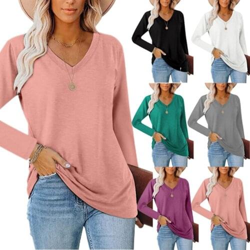 New Solid Color V-neck Pullover Casual Long Sleeve T-shirt Autumn and Winter Womens Sweater Fashion Loose Plus Size Ladies Tops