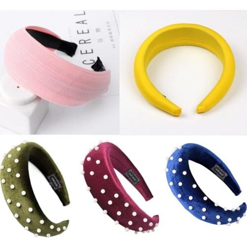 Bohemian Imitation Pearl Padded Headband Wide Velvet Crown Pearl Hairband for Women Party Wedding Headpiece Hair Accessories