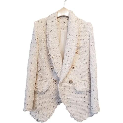 Autumn Winter Women Luxury High Grade Turn-Down Collar Tweed Suit Coat Double-Breasted Jacket With Tassels