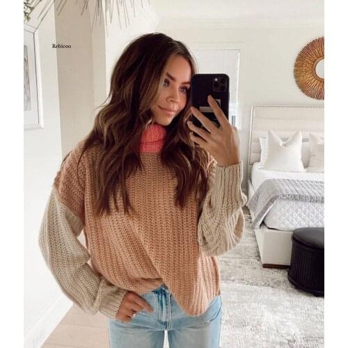 Women Patchwork Turtleneck Knitted Sweater Boho Pullover Fashion Slim Jumper Vintage Tops Winter New