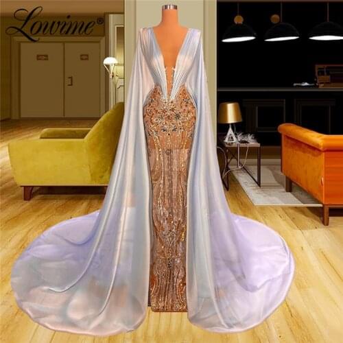 Lowime Dubai Crystals Long Evening Dresses 2021 Plus Size Middle East Kaftans Women Arabic Party Dress Robe De Soiree Prom Dress