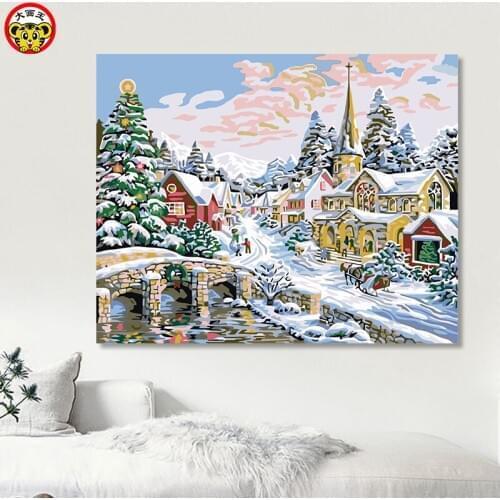 Painting by numbers art paint by number Big picture king DIY diy oil European landscape snow scenery town own painting fill roo